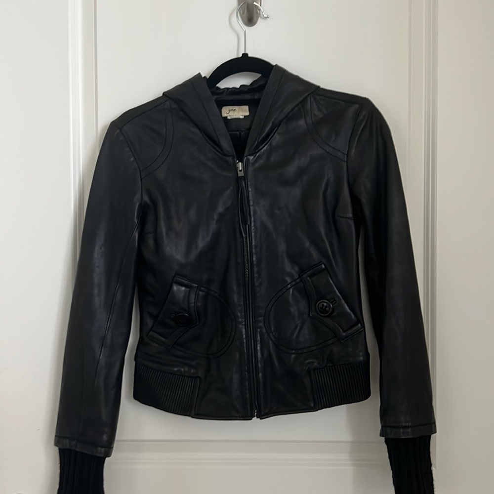 Hoodie black leather bomber jacket